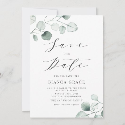 Save The Date Bat mitzvah Feuille Boho Dusty Blue Eucalyptus (Devant)