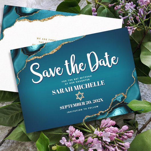 Save The Date Bat Mitzvah Gras Turquoise Or Agate Dégradé Script