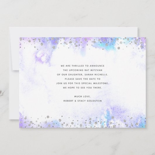 Save The Date Bat mitzvah moderne Argent Script Purple Aquarelle (Dos)