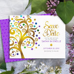 Save The Date Bat mitzvah Moderne Gras Violet Arbre d'Or Vie<br><div class="desc">Assurez-vous que tous vos amis et parents pourront célébrer le Bat mitzvah de votre fille! Envoyez ce magnifique arbre à feuille d'or, imitation graphique, brillant, turquoise, turquoise, violet et bleu Star de David et pointez "feuilles" sur un arrière - plan blanc, personnalisé "Save the Date" carte faire-part. Une toute petite...</div>