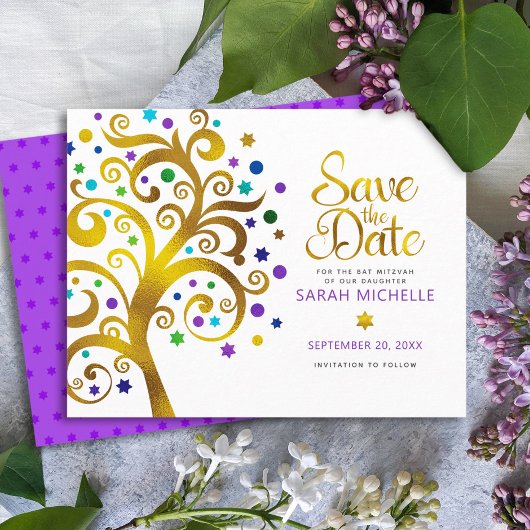 Save The Date Bat mitzvah Moderne Gras Violet Arbre d'Or Vie