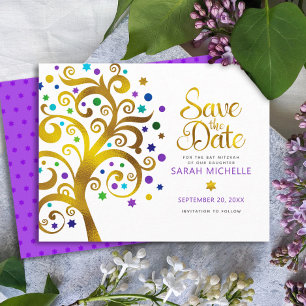 Save The Date Bât Mitzvah Moderne Gras Violet Or Arbre de Vie