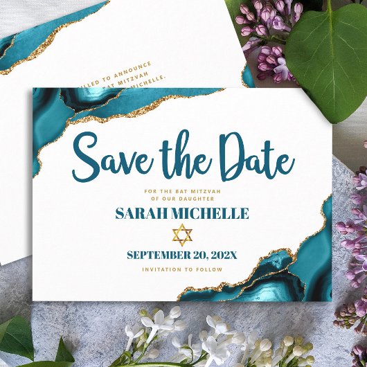 Save The Date Bat mitzvah Moderne Turquoise Gold Agate Script
