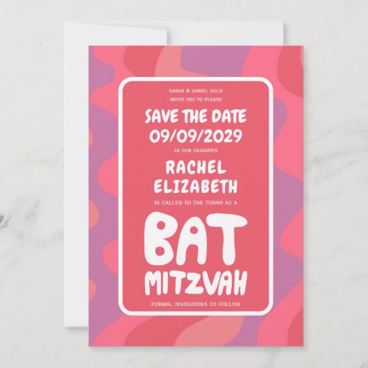 Save The Date Bat mitzvah personnalisé Vagues roses super (Devant)