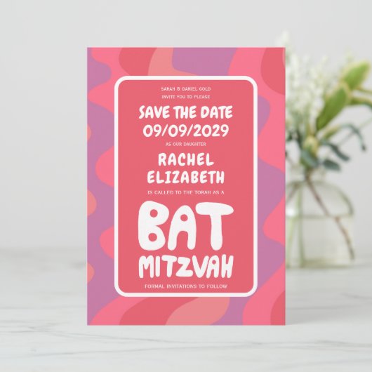 Save The Date Bat mitzvah personnalisé Vagues roses super (Debout devant)