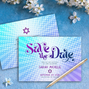 Save The Date Bat Mitzvah Rétro Bleu Violet Ombre Dégradé Bohème