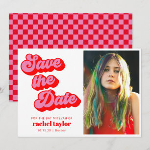Save The Date Bat mitzvah Retro Pink Red Checkerboard Photo