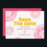 Save The Date Bat mitzvah rose Bold Starburst Cool moderne Super<br><div class="desc">Assurez-vous que tous vos amis et parents pourront célébrer le Bat mitzvah de votre fille! Envoyez cette carte de faire-part amusante, boho retro, personnalisée "Save the Date". Des starbursts de roses chaudes rétro et de fleur de corail avec Stars of David, ainsi que des typographies modernes de rose chaud et...</div>