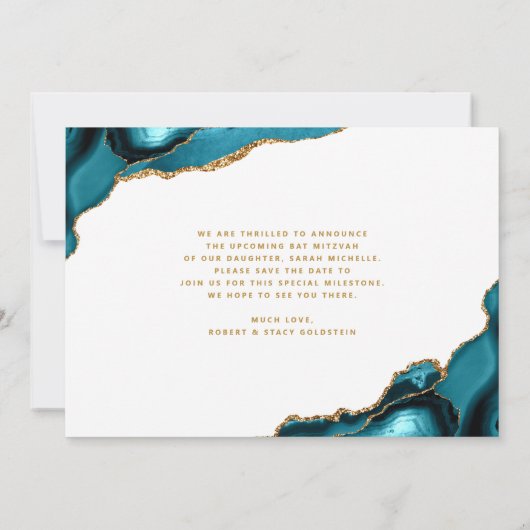 Save The Date Bat mitzvah Turquoise Agate Ombre Gold Script chic (Dos)