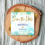 Save The Date Bat mitzvah Turquoise Aquarelle et Gold Foil<br><div class="desc">Assurez-vous que tous vos amis et parents pourront célébrer le Bat mitzvah de votre fille! Envoyez ce faux papier et points de parties scintillant en or brillant, moderne et étonnant, et un script de typographie contre un arrière - plan d'aquarelle bleu turquoise, personnalisé "Save the Date" carte faire-part. Faux feuille...</div>