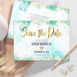 Save The Date Bat mitzvah Turquoise Aquarelle Or Script Girl<br><div class="desc">Assurez-vous que tous vos amis et parents pourront célébrer le Bat mitzvah de votre fille! Envoyez ce faux papier et points de parties scintillant en or brillant, moderne et étonnant, et un script de typographie contre un arrière - plan d'aquarelle turquoise, personnalisé "Save the Date" carte faire-part. Votre message personnalisé...</div>