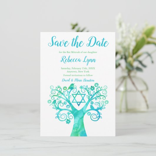 Save The Date Bat mitzvah turquoise d'aquarelle verte Arbre de v (Debout devant)