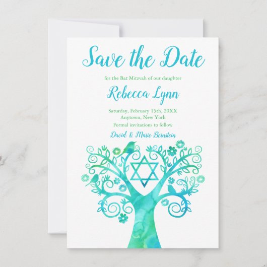 Save The Date Bat mitzvah turquoise d'aquarelle verte Arbre de v (Devant)