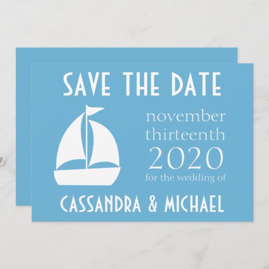 Save The Date Bateau À Voile Enregistrer La Date (Sky Blue) (Devant / Derrière)