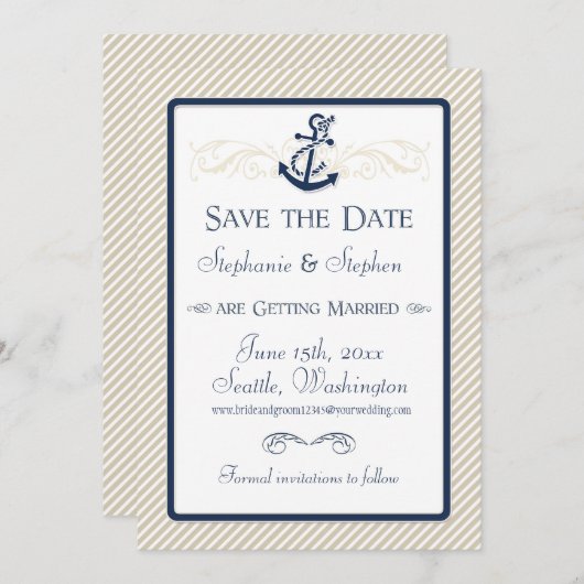 Save The Date Bateau Ancre nautique Diagonal Stripes Swirl Moder (Devant / Derrière)