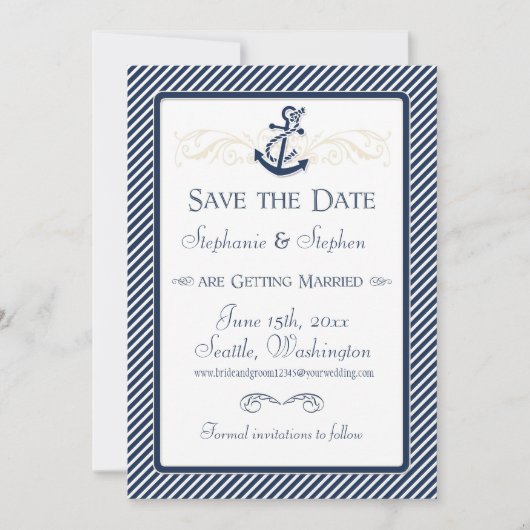 Save The Date Bateau Ancre nautique Diagonal Stripes Swirl Moder (Devant)