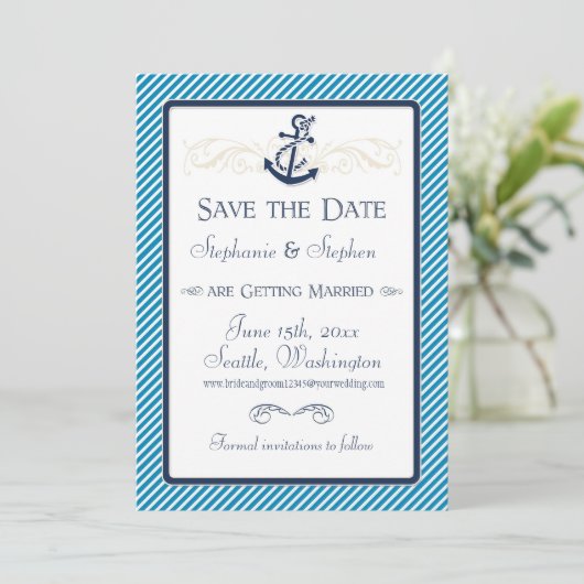 Save The Date Bateau Ancre nautique Diagonal Stripes Swirl Moder (Debout devant)