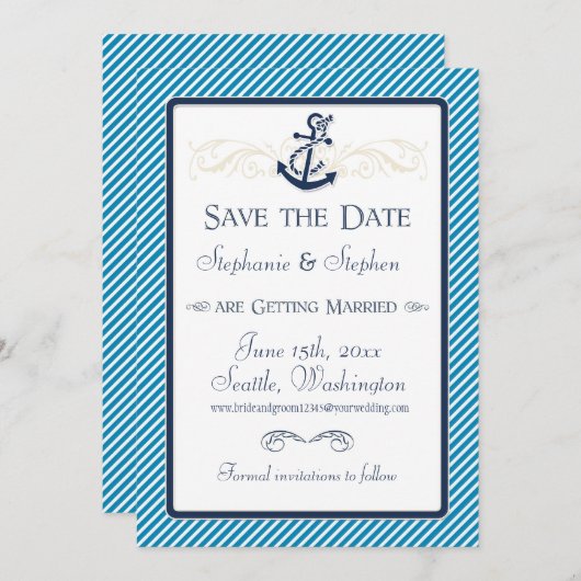 Save The Date Bateau Ancre nautique Diagonal Stripes Swirl Moder (Devant / Derrière)