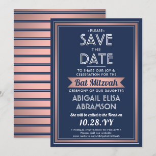 Save The Date Bath Mitzvah Bleu Marine Rose Or Moderne Tendance
