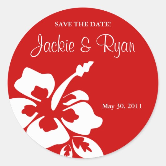 Save the Date Beach Bruiloft Stickers Hibiscus Roo (Voorkant)