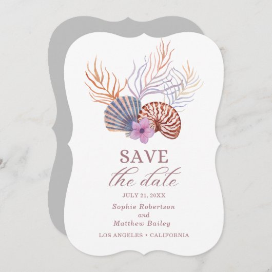 Save The Date Beach Seashells Aquarelle Côte Chic Mariage (Devant / Derrière)