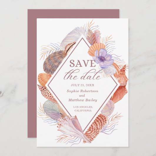 Save The Date Beach Seashells Aquarelle Côte Chic Mariage (Devant / Derrière)