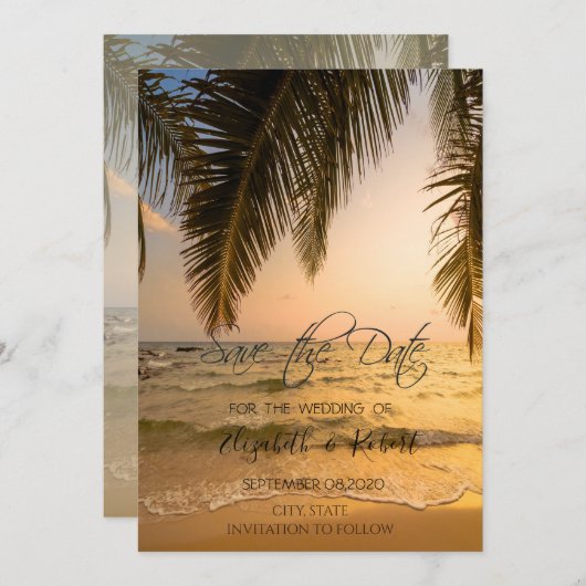 Save The Date Beach Wedding, Palm Sunset Enregistrer La Date (Devant / Derrière)