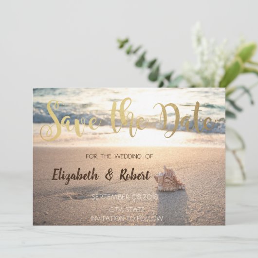 Save The Date Beach Wedding, Seashell Sunset Enregistrer La Date (Debout devant)