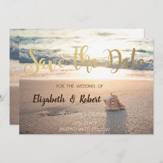Save The Date Beach Wedding, Seashell Sunset Enregistrer La Date (Devant / Derrière)