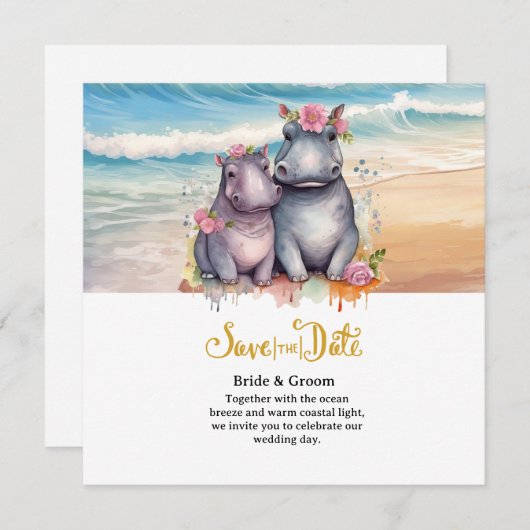 Save The Date Beach Wedding with Hippo Couple (Devant / Derrière)