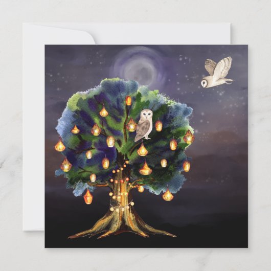 Save The Date Beau arbre avec lanternes, Lune, Chouette Mariage (Dos)