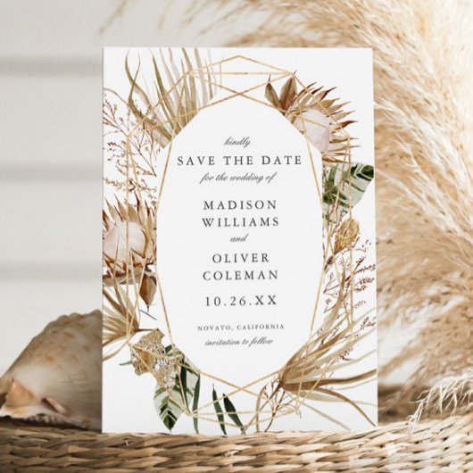 Save The Date Beau Boho Botanique Mariage blanc géométrique