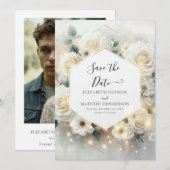 Save The Date Beau Chic White Roses Mariage (Devant / Derrière)