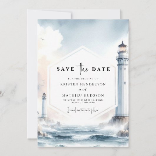 Save The Date Beau Mariage de phare Oceanic Elegance (Devant)