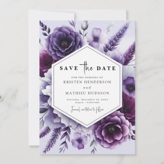 Save The Date Beau Mariage floral violet imprimable (Devant)