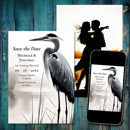 Save The Date Beau Mariage photo d'oiseaux côtiers de Héron Bleu