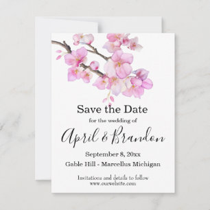 Save The Date Beau script de fleurs de cerisiers rose aquarelle