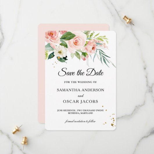 Save The Date Beauté Fleurs & Feuilles Aquarelle Rose Moderne (Devant/Arrière en situation)