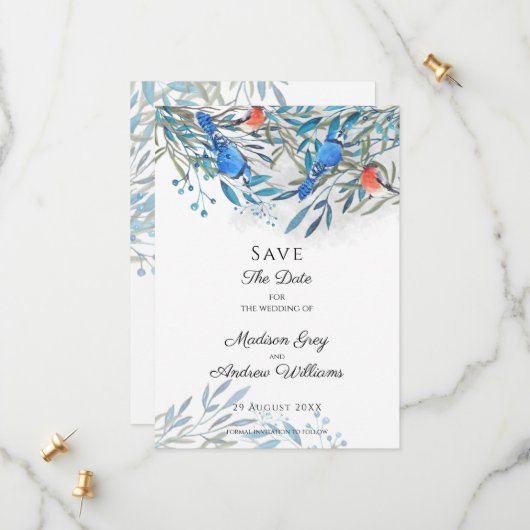 Save The Date Beaux oiseaux à l'aquarelle et feuillage (Devant/Arrière en situation)