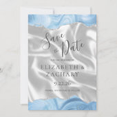 Save The Date Bébé Bleu Argent Agate Blanc Soie Enregistrer la D (Devant)