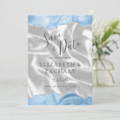 Save The Date Bébé Bleu Argent Agate Blanc Soie Enregistrer la D (Debout devant)