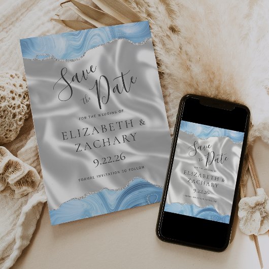 Save The Date Bébé Bleu Argent Agate Blanc Soie Enregistrer la D