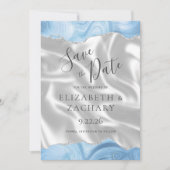 Save The Date Bébé Bleu Argent Agate Bleu Soie blanche Enregistr (Devant)