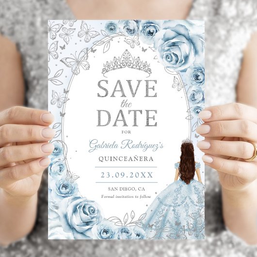 Save The Date Bébé Bleu Argent Fleur Quinceanera