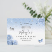 Save The Date Bébé bleu argent Roses élégant (Debout devant)