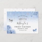 Save The Date Bébé bleu argent Roses élégant (Devant / Derrière)