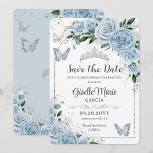 Save The Date Bébé Bleu Floral Argent Quinceañera Papillons