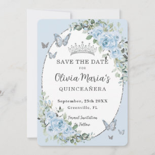 Save The Date Bébé Bleu Floral Papillons en argent Quinceañera