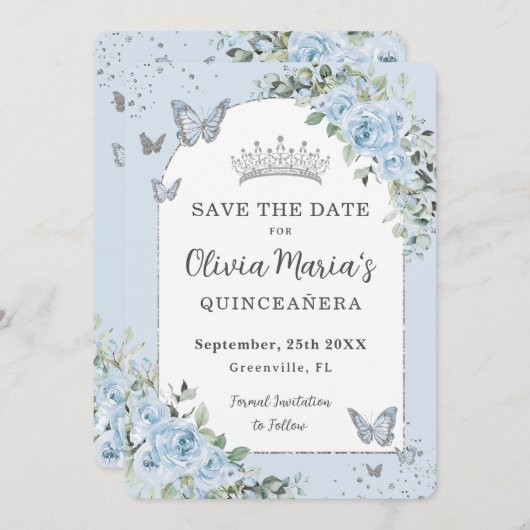 Save The Date Bébé Bleu Floral Papillons Quinceañera Photo (Devant / Derrière)