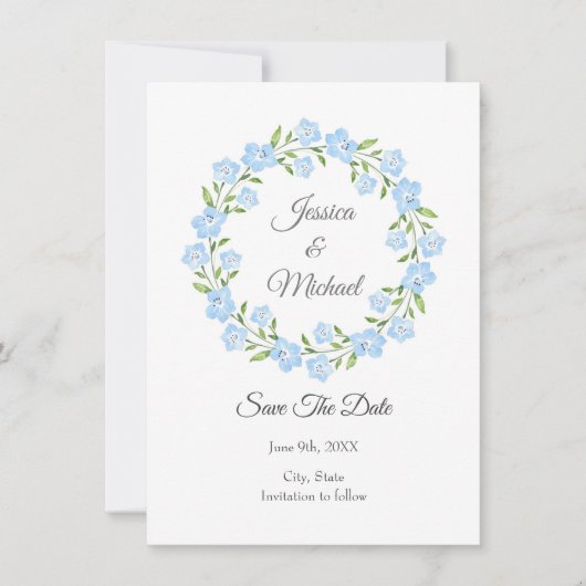 Save The Date Bébé bleu yeux aquarelle Floral Wreath (Devant)